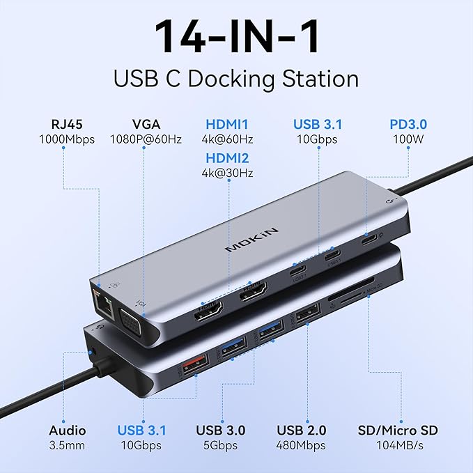 USB C Laptop Docking Station Dual Monitor, 14 in 1 Docking Station 3 Monitors Multiport Adapter with 2 HDMI 4K, VGA, RJ45 Ethernet, 10Gbps USB C/A, 100W PD, SD/Micro SD, 3.5MM Audio&Mic for Dell HP