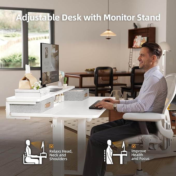 Seang Electric Standing Desk with 2 Drawers, Adjustable Standing Desk with Storage Shelf, Height Adjustable Stand up Desk for Home Office with 3 Presets & 2 Hooks, 55 Inch, White