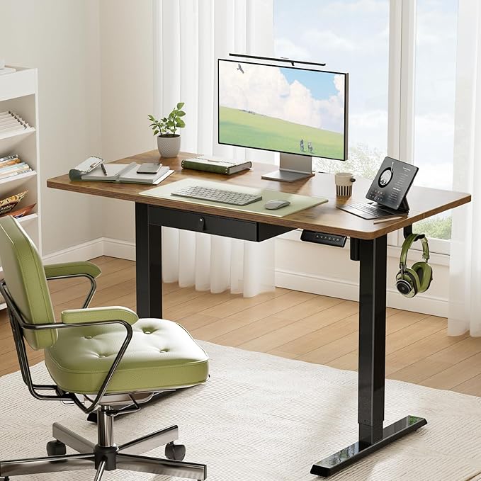 Marsail 55x24 Electric Standing Desk with Drawer, Computer Desk, Sit Stand Office Table with Storage & Hooks & Cable Management, Ergonomic Height Adjustable Table for Home Office, Brown