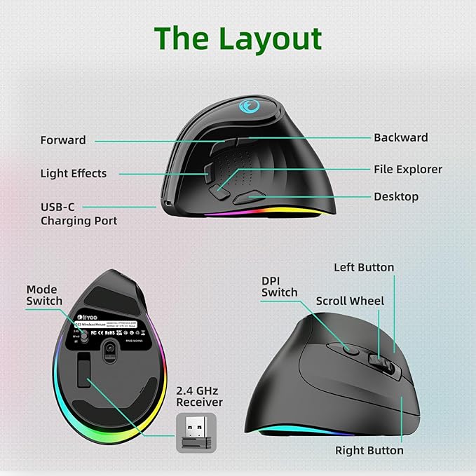 2.4G / BT/Wired Tri-Mode RGB Rechargeable G53 Wireless Vertical Ergonomic Mouse, 5 Side Buttons, Max 8400 DPI, for PC Computer Notebook Laptop, for Windows 11 10, Mac, iPad OS, Android - Black