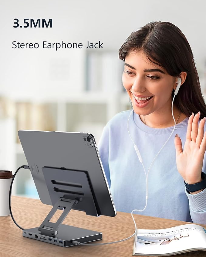 iPad Pro USB C Hub Stand, 9 in 1 Adapter for iPad Air M5 M3 M4 13 12.9 Inch Docking Station 4K 60Hz HDMI, RJ45 Ethernet, SD/TF Card Reader, 3 USB 3.0, 3.5mm Audio, iPad Accessories Samsung Tablet Dock