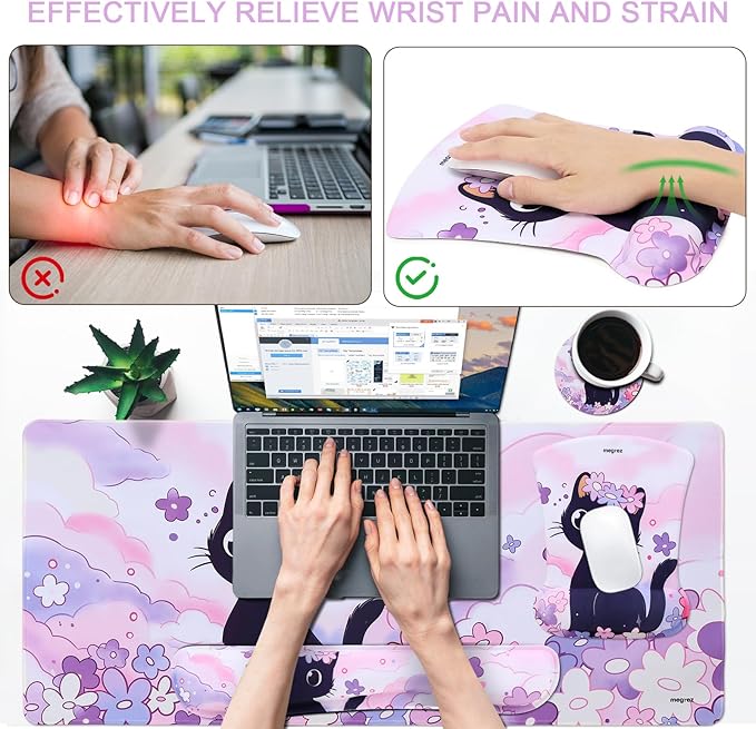 MEGREZ 4-in-1 Ergonomic Memory Foam Wrist Rest Set, Desk Pad, Mouse Pad with Wrist Rest, Keyboard Pad, Suitable for Office Workers, Programmers & Gamers–Relieve Typing & Gaming Fatigue, Kitten
