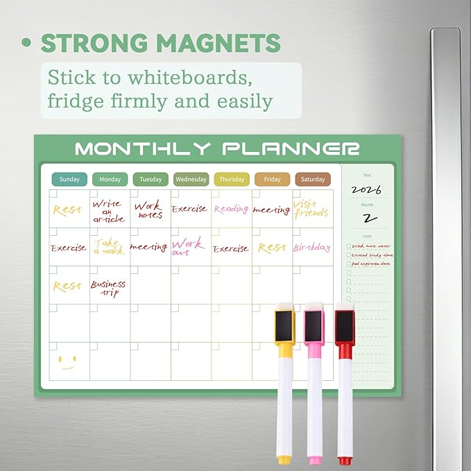 Magnetic Dry Erase Calendar for Refrigerator 16"×12" with 8 Markers & Eraser, Strong Magnet White Board, Large Family Planner for Busy Moms (Green)