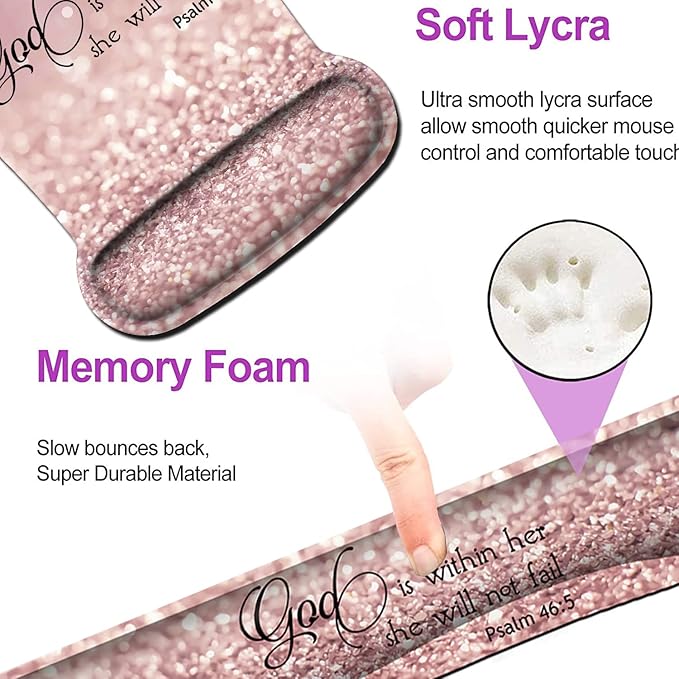 Keyboard Wrist Rest Pad and Ergonomic Mouse Pad Wrist Support Set Psalm 46:5 God is Within Her,She Will Not Fall Pink Design for Gaming, Office, Comfortable and Pain Relief with Coaster Set