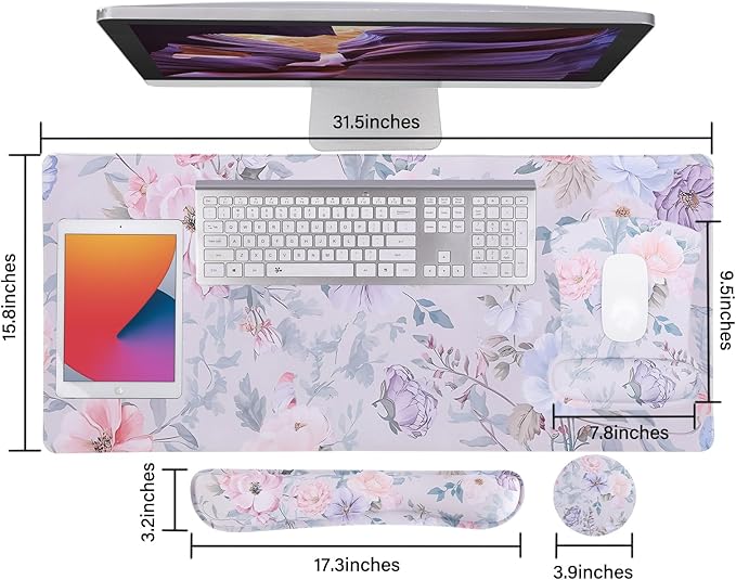MEGREZ 4-in-1 Ergonomic Memory Foam Wrist Rest Set, Desk Pad, Mouse Pad with Wrist Rest, Keyboard Pad, Suitable for Office Workers, Programmers & Gamers–Relieve Typing & Gaming Fatigue, Color Flower