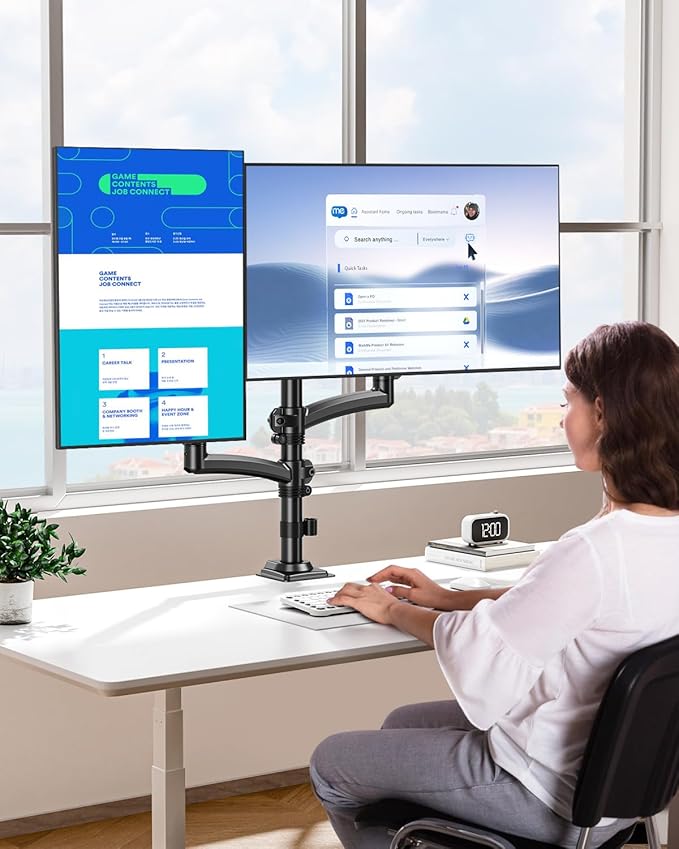 Dual Monitor Stand for Computer Screen up to 32", Taller Monitor Arms Holds 22 lbs Each, Dual Monitor Desk Mount, Height Adjustable Gas Spring VESA Mount with C-clamp Grommet Mounting, Black, Freelift