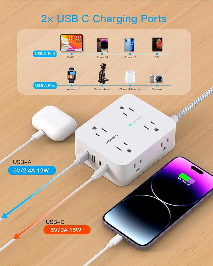 Flat Plug Extension Cord with Multiple Outlets, HANYCONY 1080J Surge Protector Power Strip with 8 AC Outlets 4 USB Ports (2 USB-C), 3-Sided Outlet Extender Ideal for Home Office Dorm Room Essentials