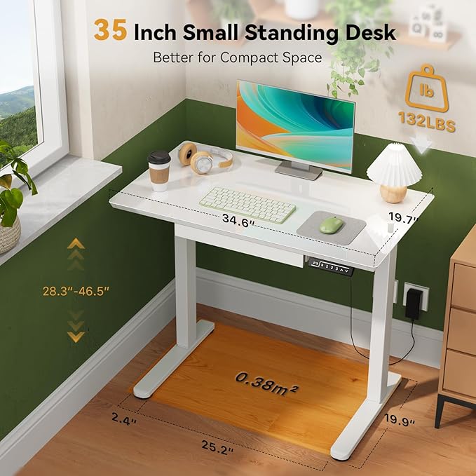 Glass Standing Desk with Drawer, 35×20Inch Whole Piece Height Adjustable Rising Desk, Electric Sit Stand Desk with Wheels, Small Computer Desk, White