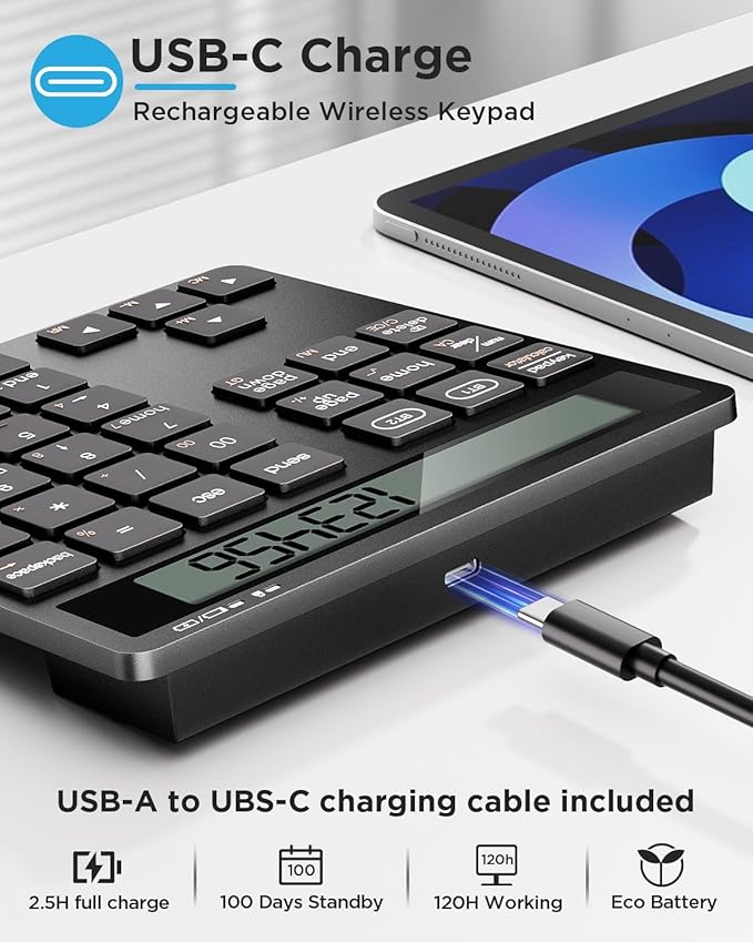 HoRiMe Number Pad for Laptop - Rechargeable Wireless Number Keypad 34 Keys with Dual Bluetooth, 2 in 1 Numeric Keypad Calculator with Display - Portable Slim Numpad for Windows, Mac, iMac, PC, Tablet