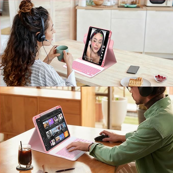YBING Keyboard Case for iPad 11th Generation 2025 & 10th Generation 2022, 360 Rotating Magnetic Cover with 7-Color Backlit Wireless Detachable Keyboard with Pencil Holder for iPad A16 11" (Pink)
