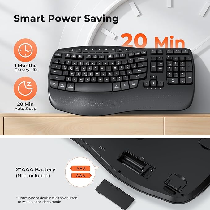 Doci Wireless Ergonomic Keyboard, Wave Keys Wrist Rest Natural Typing Keyboard, 2.4G USB-A Cordless Receiver and USB-C Adapter, Ergo Computer Keyboard, Windows/Mac/PC/Laptop, Black