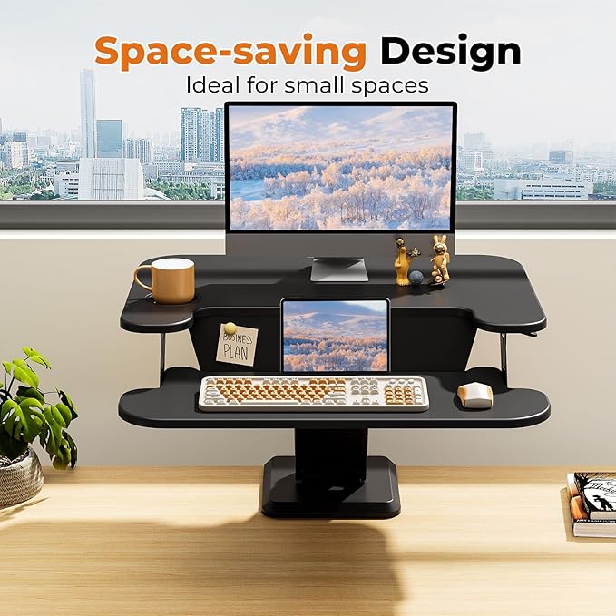 28" Standing Desk Converter, Height Adjustable Clamp Desktop Riser with Keyboard Tray, Sit Stand Monitor Riser Workstation for Home Office, Magnets Inclued, Black