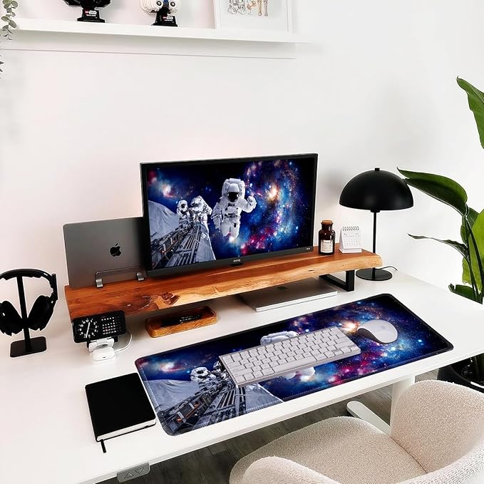 Astronauts in Space Mouse Pad, Oversized 31.5x11.8in Non-Slip Desk Mat, Micro-Woven Fabric with Stitched Edges for Gaming, Work, and Home Office