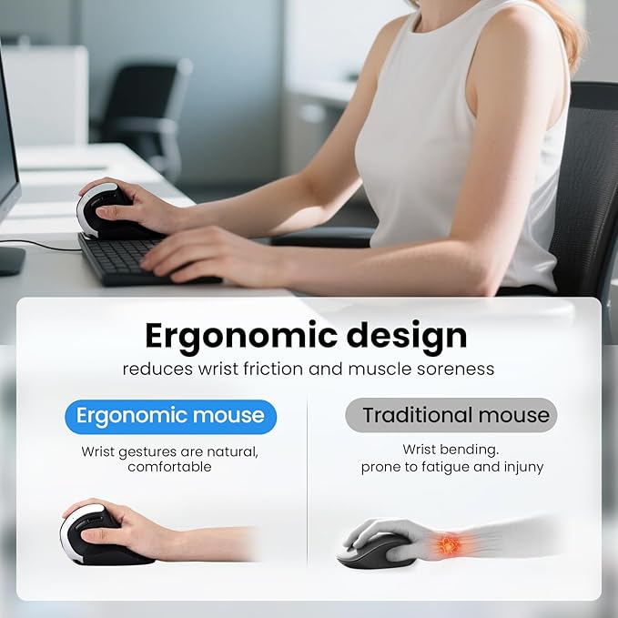 Wireless Ergonomic Vertical Mouse, Rechargeable Tri-Mode (Dual Bluetooth + 2.4G USB) Optical Mouse with Adjustable RGB Lighting, Multi-Device Control for Laptop, PC, Mac, iPad, Desktop (Black)