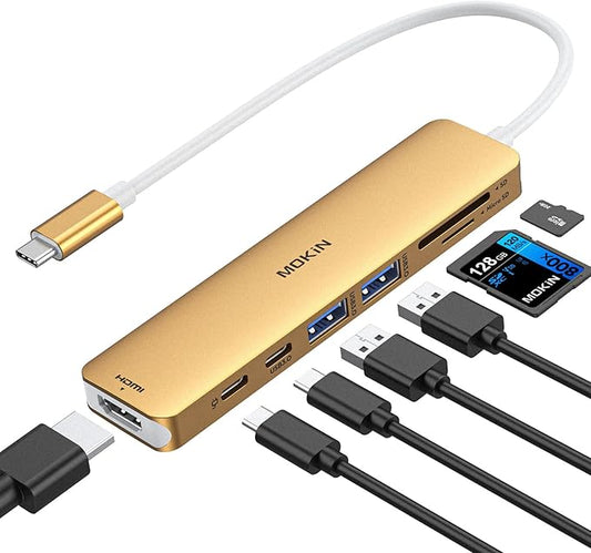 USB C Hub HDMI Adapter for MacBook Pro/Air, MOKiN 7 in 1 USB C Dongle with HDMI, SD/TF Card Reader, USB C Data Port,100W PD, and 2 USB 3.0 Compatible for MacBook Pro/Air, Dell XPS, Lenovo Thinkpad.