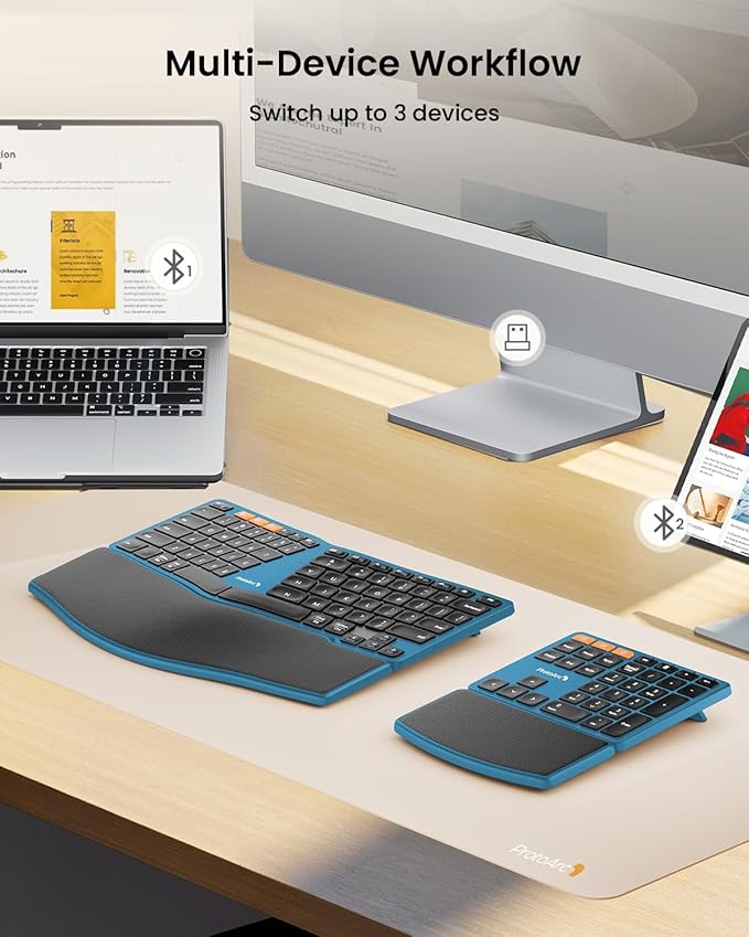 ProtoArc Bluetooth Ergonomic Keyboard, Wireless Split Keyboard with Separate Number Pad, Dual Bluetooth and USB, Hard Wrist Rest, Rechargeable for Windows/Mac/Android - Blue