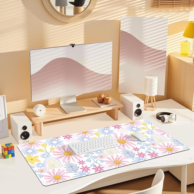 Lovely Desk Pad Mouse Pad, Large Gaming Mouse Mat with Stitched Edges, Non-Slip Waterproof Rubber Base Mous Mat for Office Computer Keyboard Laptop Home Decor Women (35.4X17.5 in), Pink Wildflower