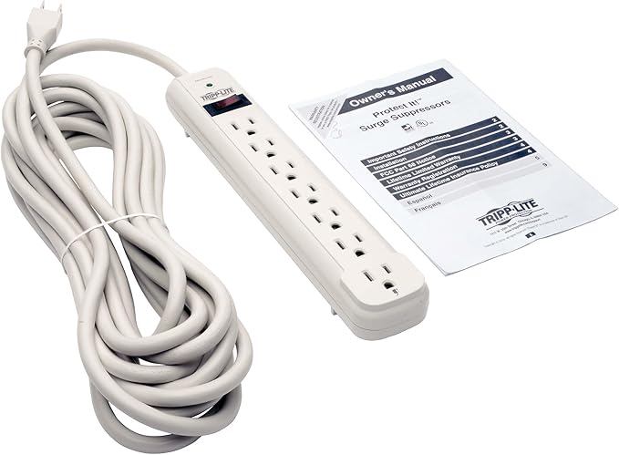 Tripp Lite 7 Outlet Surge Protector Power Strip, Extra Long Cord 25 ft., 1080 Joules, Lifetime Limited Warranty & $25K Insurance (TLP725) Light Gray