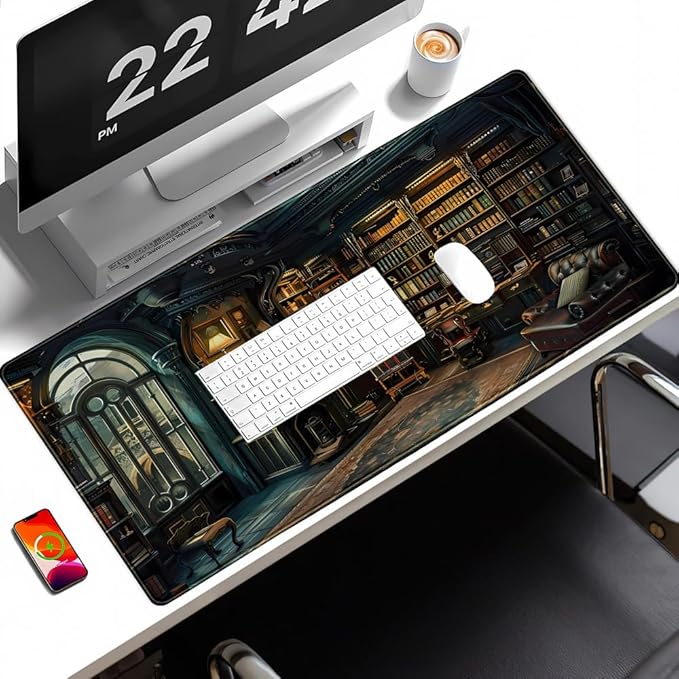 Dark Gothic Desk Mat Gaming Desk Pad Large Mouse Pad, Magician'S Fantasy Bookcase Gothic Mouse Mat XXL Laptop Keyboard Pad, Laptop Keyboard and Mouse Mat Desktop Protector Mat 31.5 X 15.7 in