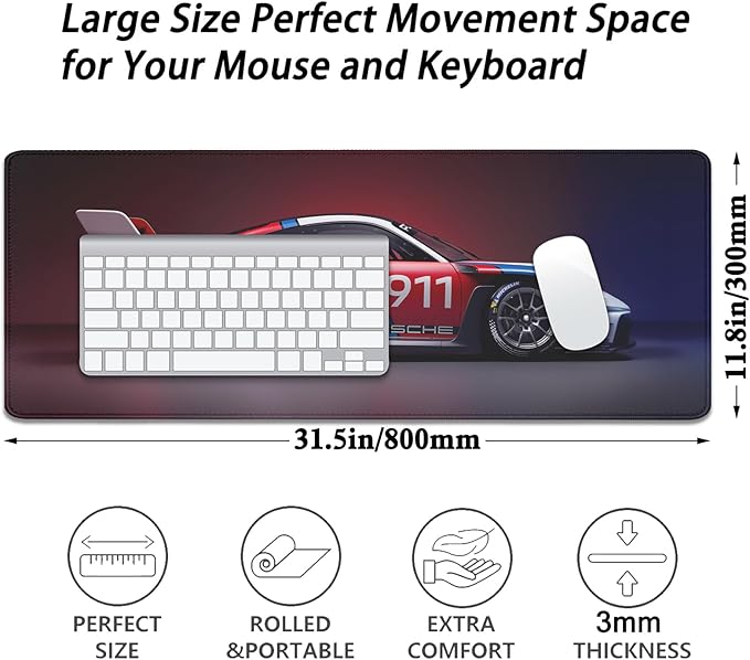 Mouse Pad Mouse Mat Large,Stitched Edges Non-Slip Waterproof Rubber Base Mouse Mat for Office Home Work Gaming(31.5X11.8 in) (Car)