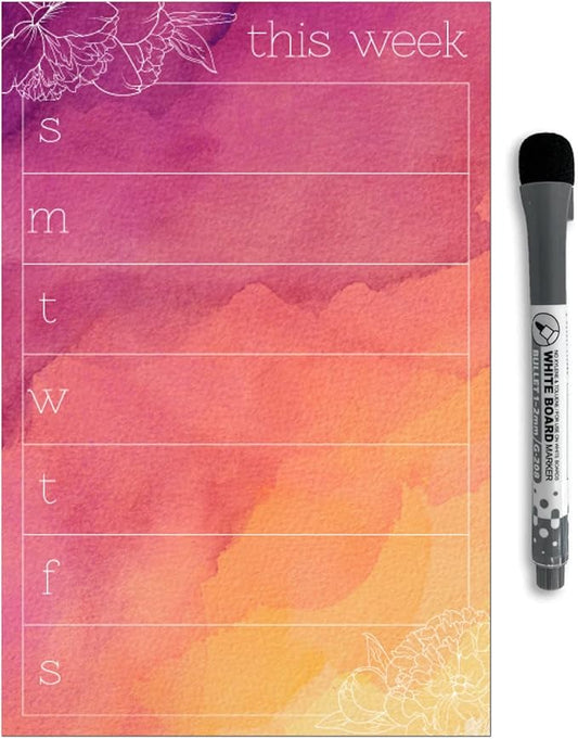Dry Erase Weekly Calendar Planner Sticker Decal | Removable & Reusable | Magnetic Fine-Tip Marker Included (6 x 9 inches, Peony)