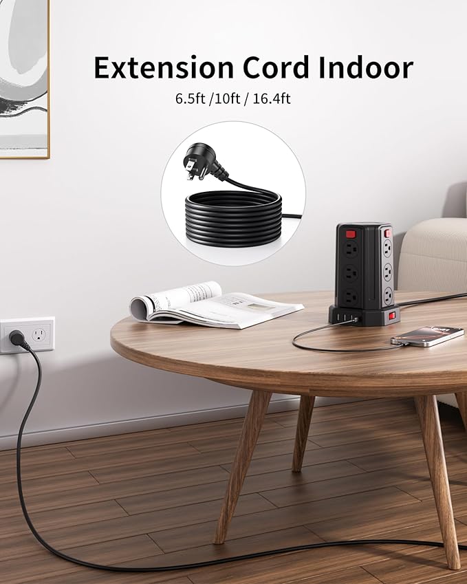 Power Strip Surge Protector, 10 Ft Extension Cord with 12 AC Multiple Outlets 4 USB (1 USB C), SMALLRT Power Tower Desktop Charging Station