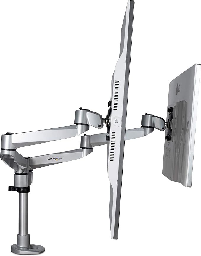StarTech.com Desk Mount Dual Display Arm, Premium Articulating VESA Mount for Screens up to 27" (17.6lb/8kg), Height Adjustment, Rotate, Tilt, Swivel, Clamp or Grommet Base, TAA