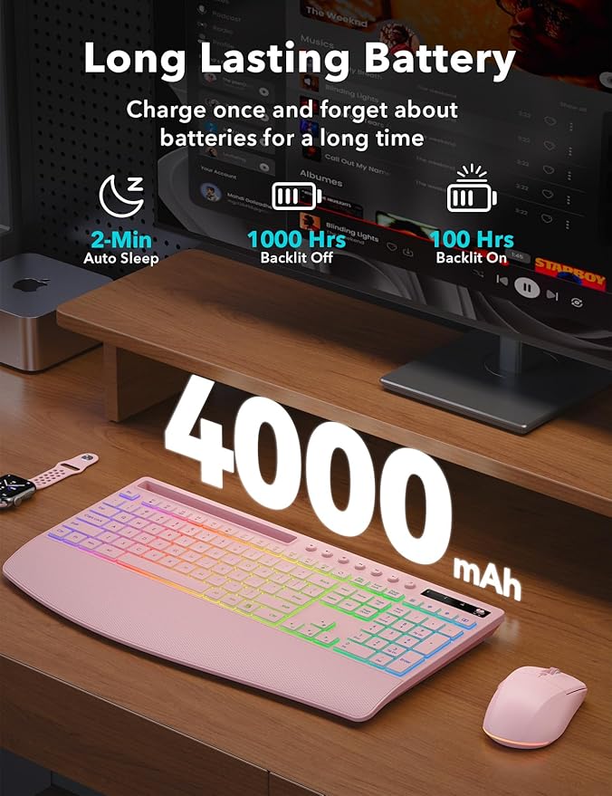 Trueque Wireless Keyboard and Mouse Combo, 4000mAh Rechargeable Backlit Keyboard with Wrist Rest & Phone Holder, Full Size Quiet Typing 2.4G USB-A/Type-C for PC Laptop Windows Mac (Pink)