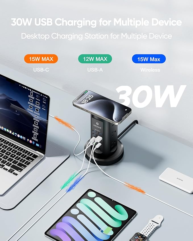 30W USB Charging Station, Surge Protector Power Strip Tower, 9 AC Outlets with 8 USB Ports(4 USB-C), 6Ft Flat Plug Retractable Extension Cord, for Home Office Dorm, Black