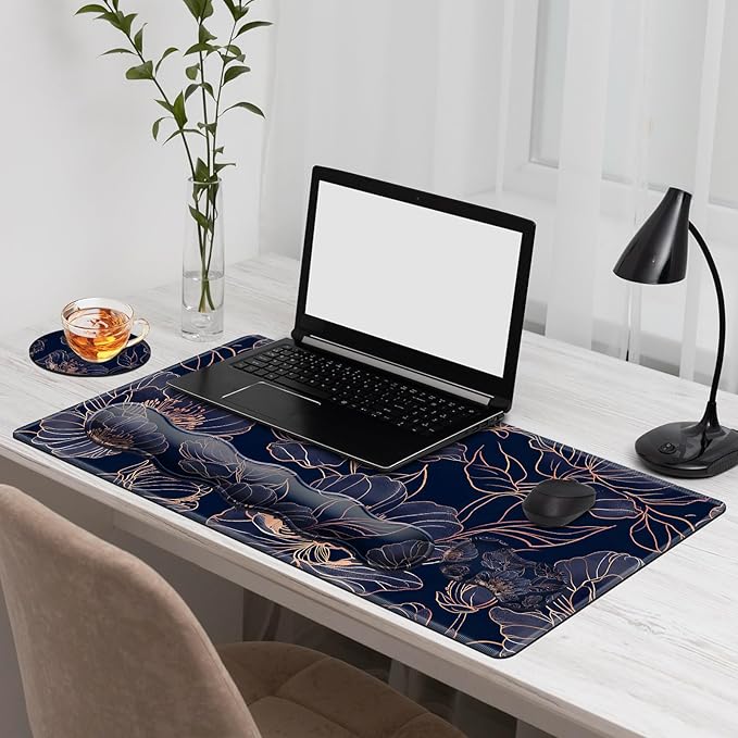 Gaming Mouse Pad Set Rose Gold Line Art Flowers Large Desk Mat Mousepad, Keyboard Wrist Support, Mouse Wrist Rest, Coaster 4in1 Ergonomic Memory Foam, Non-Slip Stitched Edge for Home Office