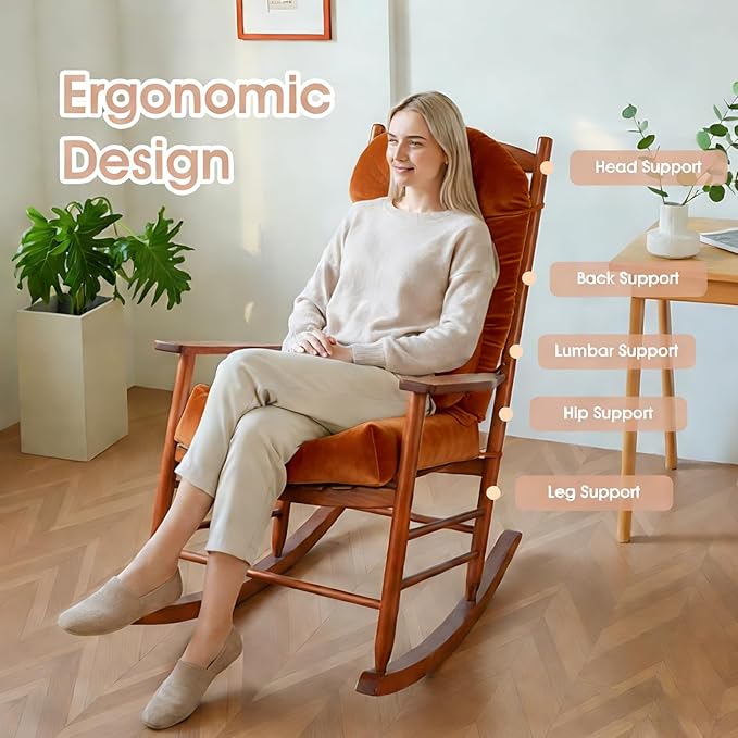 Rocking Chair Cushion Indoor Large Chair Pads Set with Ties Extra Lumbar Pillow Premium Dutch Velvet High Resilience Filler Non-Slip Bottom, Orange
