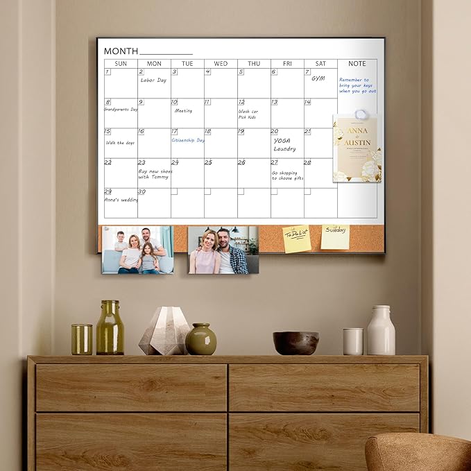 ARCOBIS Dry Erase Calendar with Cork Board for Wall, 24"x 18" Magnetic Calendar Whiteboard with Black Frame, Monthly Combination Board for School, Home, Office