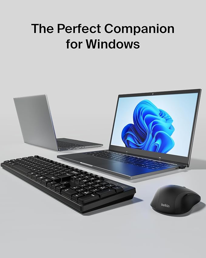 Belkin Wireless Keyboard and Mouse with USB-A Receiver - Keyboard Set w/Wireless Mouse, Ergonomic Design for Home, Office, Desk, Compatible with Laptop, PC, Windows - Batteries Included - Black