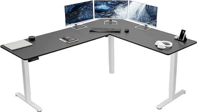 VIVO Corner Standing Desk, 75 x 63 inch Reversible L-Shaped Workstation, Electric Height Adjustment, Home, Office, and Reception Rooms, Black Table Top White Frame, DESK-E3CTWB-75