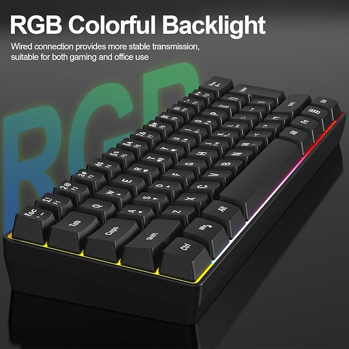 Wired RGB Gaming Membrance Keyboard. 60 Percent Mini Creamy LED Computer Keyboard .Small Ergonomic Clicky Teclado with ABS Backlit Unreplaceable Keycaps. (White Case + Grey Keycaps)