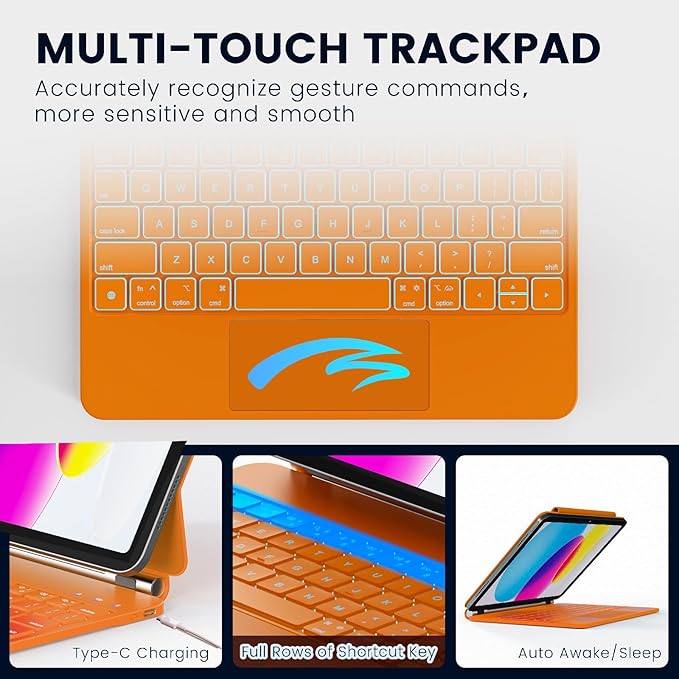 for iPad 11th(A16, 2025)/10th Generation Case with Keyboard, Magic Keyboard 2022, Springy Backlit Keys, Stain-Resistant Surface, Multi-Touch Trackpad, Orange
