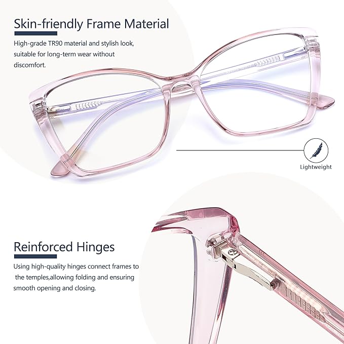 Blue Light Blocking Glasses for Women, Oversized Trendy Cat Eye Computer Gaming Glasses Anti Glare & UV Glare RF6204 (Flesh Pink Cateye Frame)