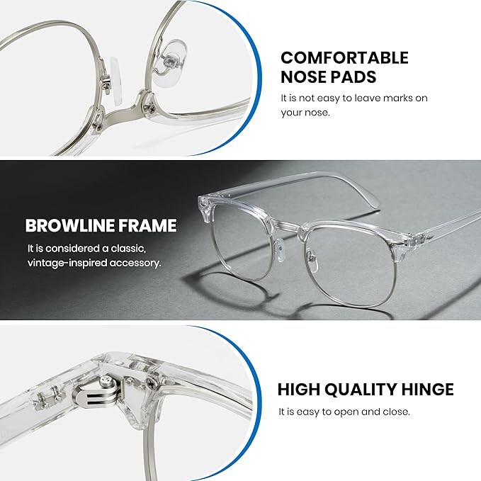 Cyxus Clear Blue Light Glasses Men Retro Semi Rimless Browline Blue Light Glasses for Computer Eye Strain Gaming Glasses Anti Harmful Blue Light for Men Women 8056T76