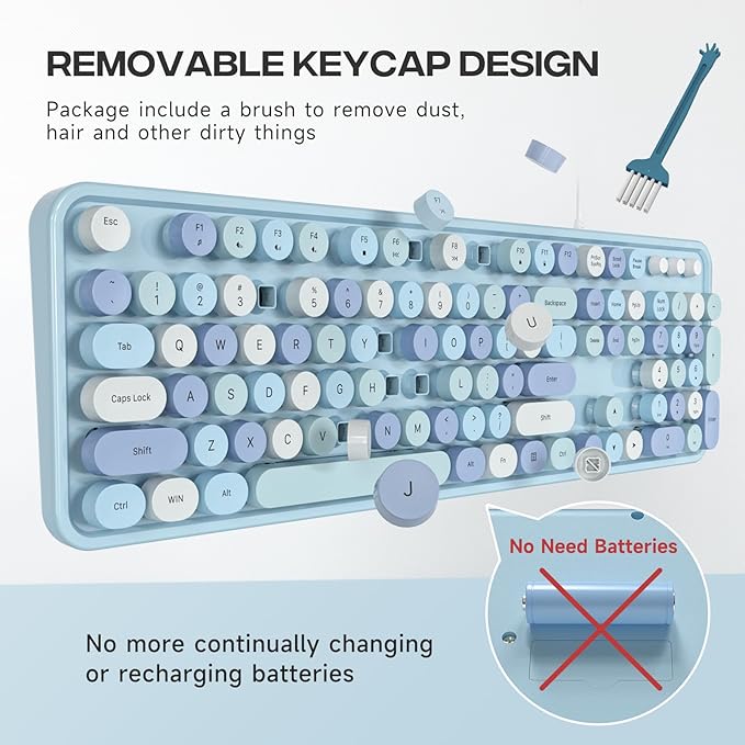 USB Wired Computer Keyboard - Retro Typewriter Keyboard - Full Size Office Keyboard with Number Pad, Caps Indicators, Foldable Stands, for PC Laptop Desktop Windows (Blue Colorful)