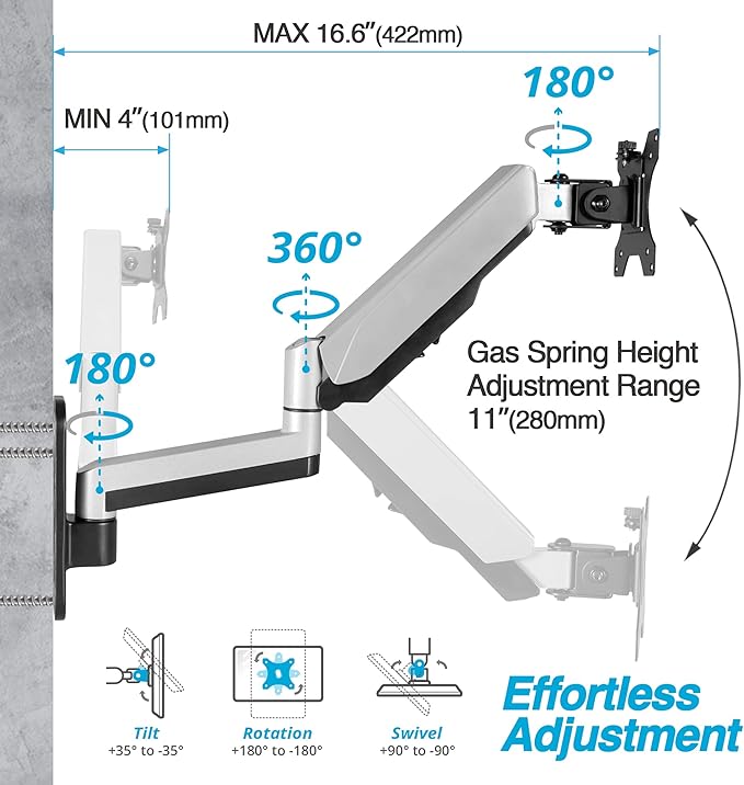AVLT Single Extended 13"-32" Monitor Wall Mount fits Flat/Curved Computer Screen Full Motion Height Swivel Tilt Rotation Adjustable Arm - VESA/Cable Management