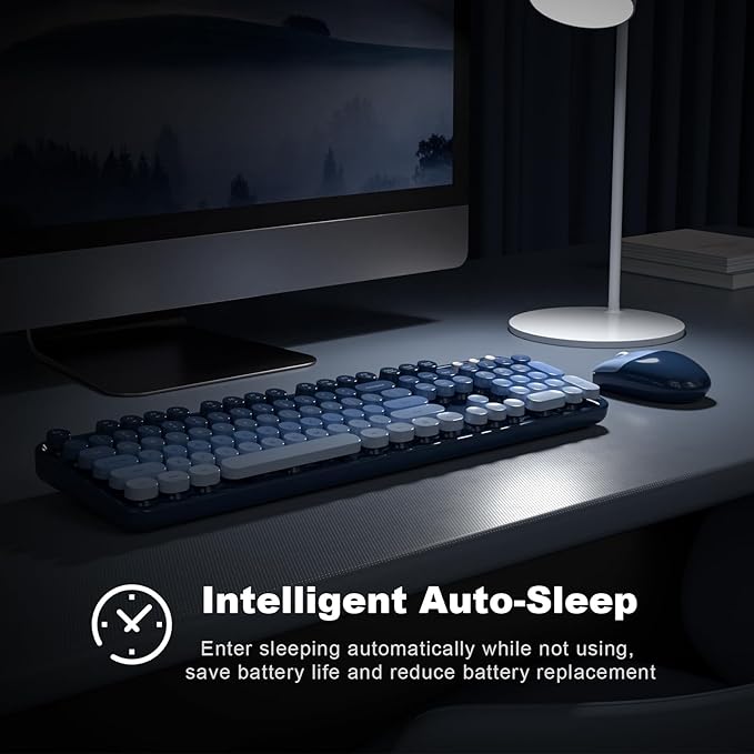 Wireless Keyboard and Mouse Combo, MOWUX Full Size Typewriter Retro Round Computer Keyboard, Cute Optical Mouse Wireless, Plug and Play, for Laptop, PC, Computer- Sea Blue Gradient