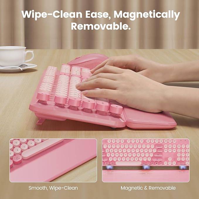 Wireless Keyboard and Mouse Combo with Magnetic Wrist Rest & Round Keycaps, Full-Size Retro Typewriter-Style, Adjustable Tilt Legs, Auto-Sleep, 2.4G Wireless for Windows Mac Laptop PC - Bubblegum Pink