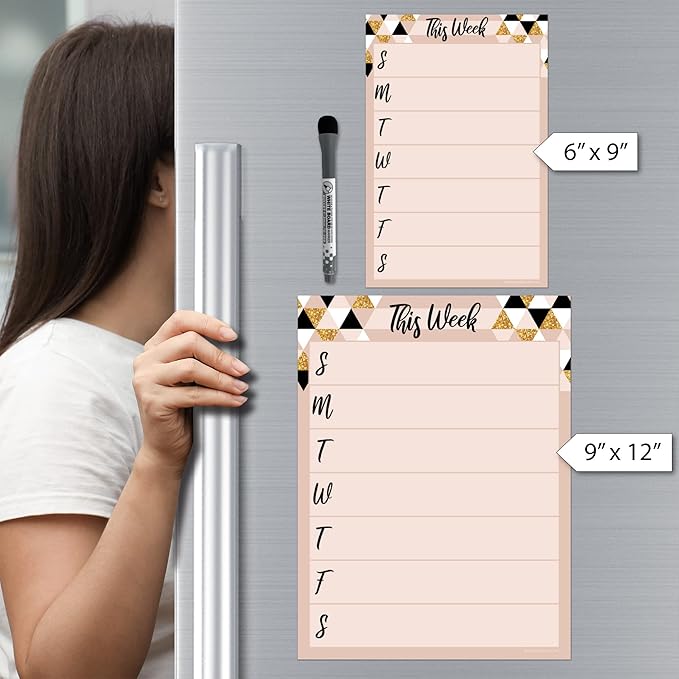 Dry Erase Weekly Calendar Planner Sticker Decal | Removable & Reusable | Magnetic Fine-Tip Marker Included (9 x 12 inches, Rose & Gold)