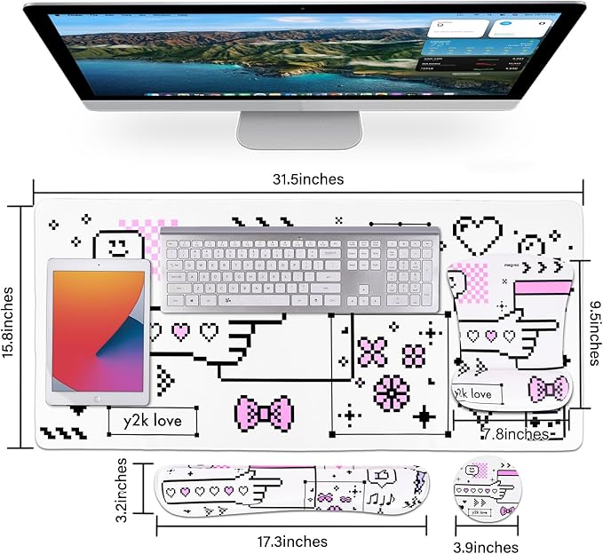 MEGREZ 4-in-1 Ergonomic Memory Foam Wrist Rest Set, Desk Pad, Mouse Pad with Wrist Rest, Keyboard Pad, Suitable for Office Workers, Programmers & Gamers–Relieve Typing & Gaming Fatigue, White Masaic