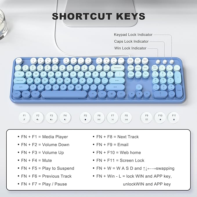 Wired Keyboard, 104 Keys Full-Sized Typewriter Keyboards, USB Office Keyboard with Number Pad, Caps Indicators, Foldable Stands for Windows, PC, Laptop, Desktop (Blue)