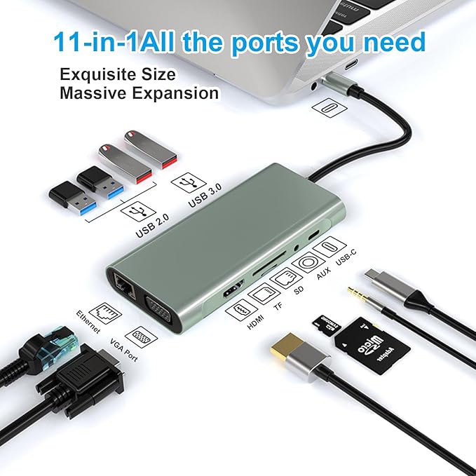 USB C Hub 11-in-1 Docking Station, Type-C Multiport Adapter with 4K HDMI, VGA, 100W PD, USB 3.0, RJ45 Ethernet, SD/TF Card Reader, AUX, Compatible with MacBook Pro/Air, Chromebook, Laptops