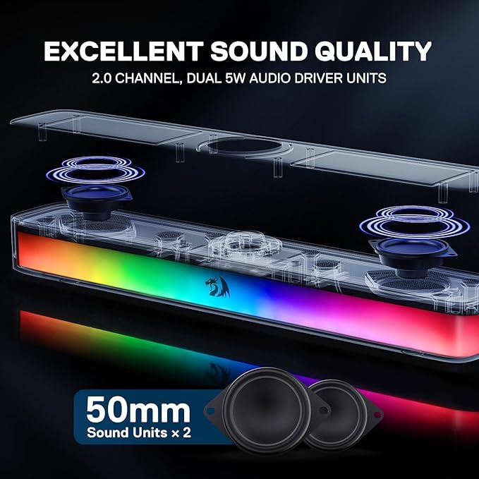 Redragon GS515 RGB Desktop Soundbar, 2.0 Channel Stereo Computer Speakers for Desktop with BT 5.3, USB-C/USB Powered, Black