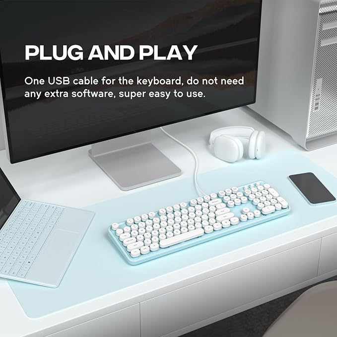 Computer Keyboard Wired, Plug and Play USB Retro Round Typewriter Keyboard, Full Size Wired Keyboard with Foldable Stands for Laptop and Office PC- Blue&White Colorful