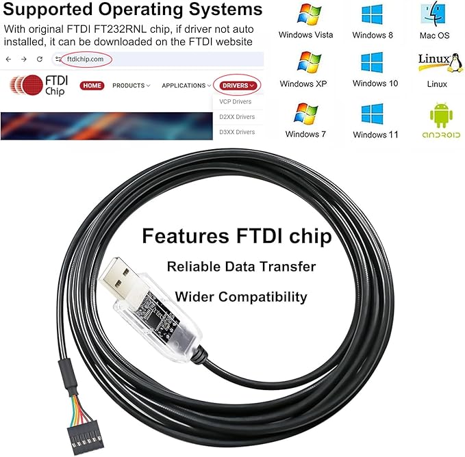 DTECH USB to TTL Adapter FTDI Chip 5V 6 Pin USB to UART Debug Cable FT232RNL IC Serial Converter 3ft LED Indicators Output 5 Volt for Windows 11 10 8 7 XP MAC Linux Easy Debugging and Programming