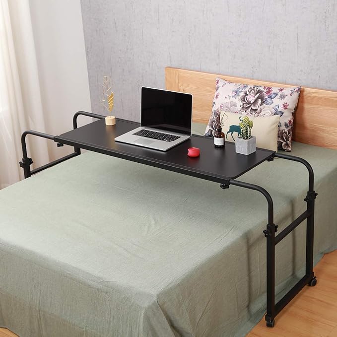 TigerDad Overbed Table with Wheels, 350lbs Capacity Heavy Duty Rolling Bed Desk for King Queen Bed, 55"-83" Adjustable Length & Height, Mobile Cross Bed Laptop Stand for 17 inch Computer, Black